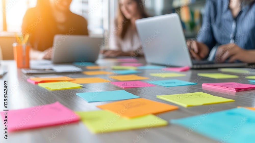 Poster a collaborative workspace featuring colorful sticky notes on a table, with individuals engaged in di
