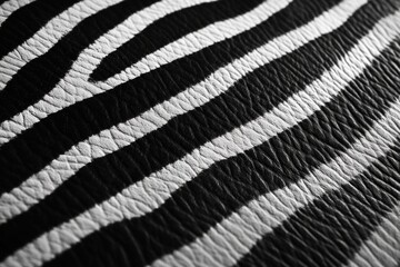 A zebra's skin is shown in black and white. The stripes are very close together, creating a sense of texture and depth. The image evokes a feeling of wildness and untamed nature