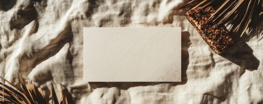 Aufkleber soft shadows cast on a blank card with branches on a textured fabric surface during golden hour ligh