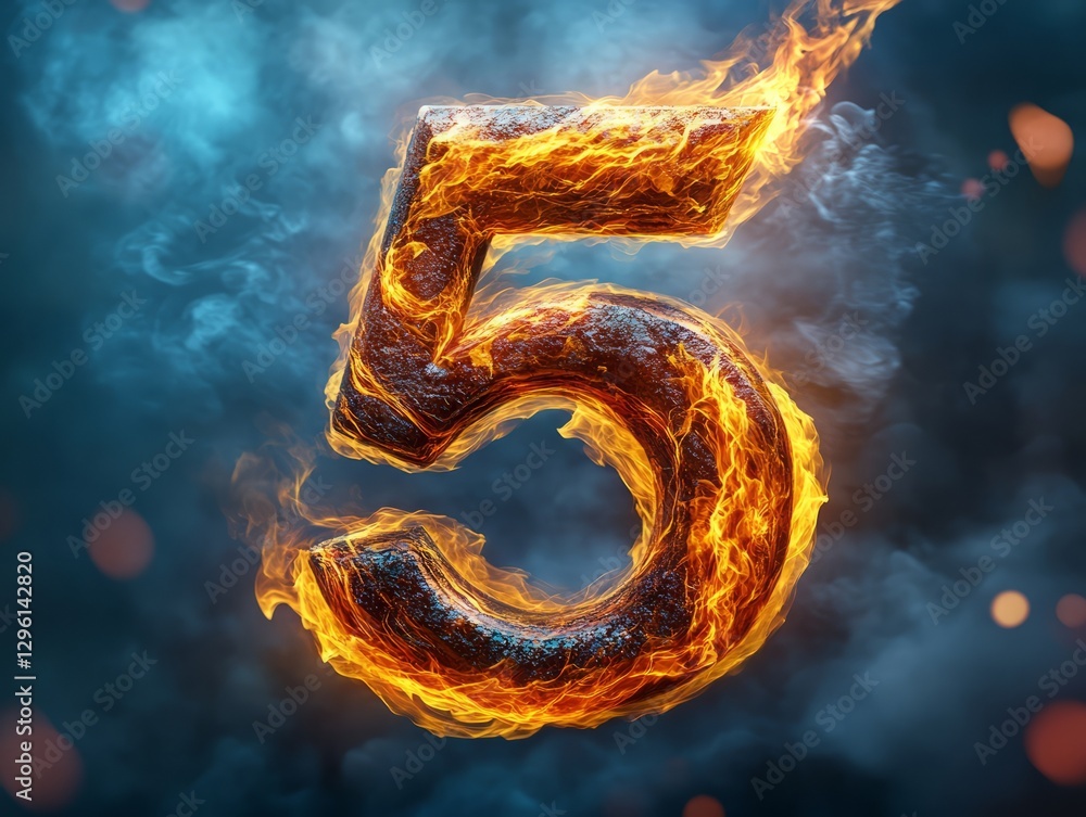 Poster fiery number five with flaming effects and smoky background for creative design uses