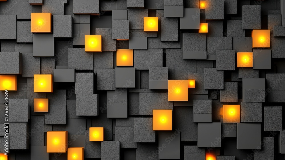 Poster a modern abstract design featuring black cubes with glowing orange squares, creating a visually stri