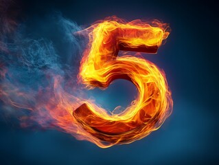 Fototapeta premium Flaming Number Five in Bright Orange Flames with Smoke on a Dark Background