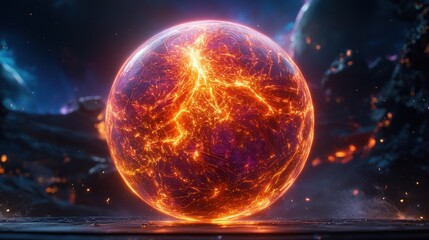 A glowing, molten sphere surrounded by cosmic elements, evoking themes of heat, energy, and celestial beauty in a vibrant, imaginative setting.
