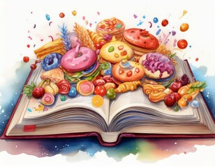 Obraz premium 本からお菓子がたくさん飛び出ている