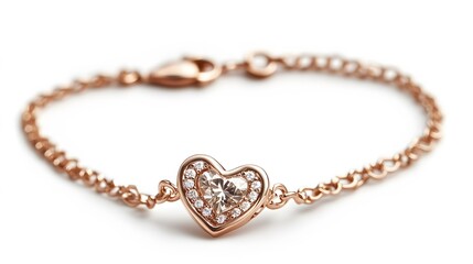 Fototapeta premium A rose gold bracelet with a heart-shaped diamond at the center, displayed on a white background