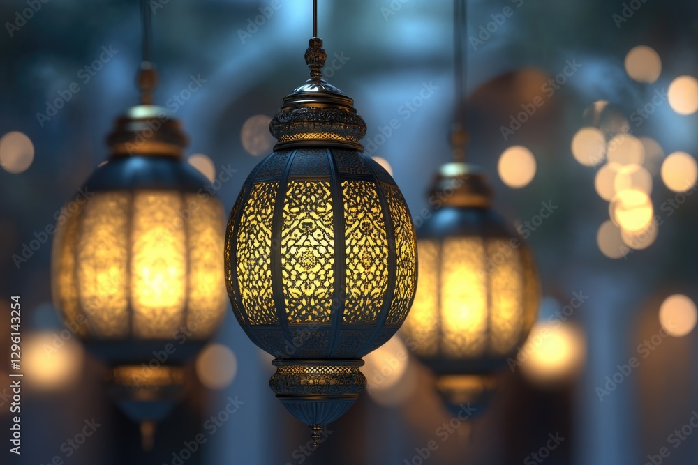Poster illuminated hanging lanterns with intricate designs and warm light, creating a festive or enchanting