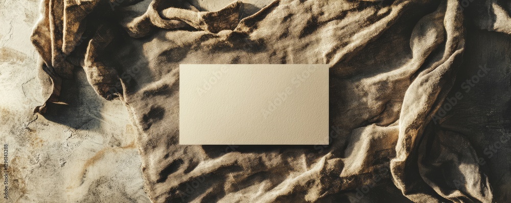 Poster soft shadows cast on a blank card with branches on a textured fabric surface during golden hour ligh