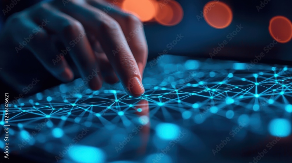 Poster a close-up of a hand interacting with a glowing digital interface featuring interconnected lines and
