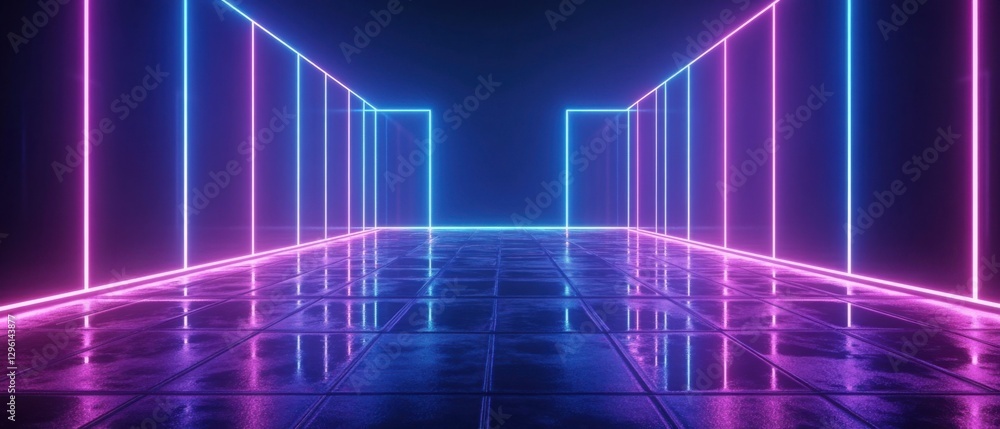Poster neon illuminated corridor with glowing pink and blue lines reflecting on wet tiles, creating a futur