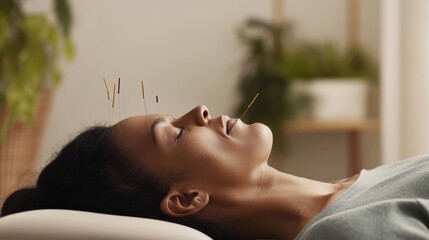 Rare illness patient receiving acupuncture treatment in a peaceful therapy room. Featuring holistic healing and wellness