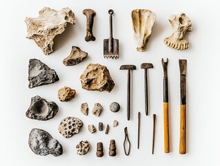 Paleontological Tools and Fossils on White Background