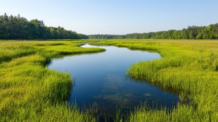 A serene landscape featuring a calm river winding through lush green grass and trees under a clear blue sky.