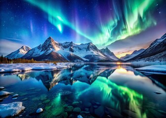 Aurora Borealis Reflecting in Frozen Lake, Snowy Mountains, Night Landscape