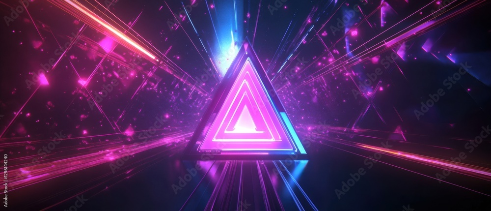Poster abstract neon triangle with glowing light streaks and particles in a dark futuristic background conc