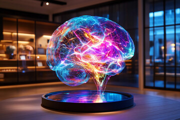 Glowing Holographic Projection of Rotating 3D Human Brain Model with Neural Connections Lighting Up in Futuristic Digital Environment