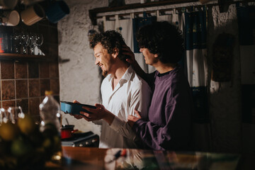 A couple shares a delightful moment of connection and joy while preparing together. The warm lighting and homely ambiance enhance the mood of love and togetherness experienced in this scene.