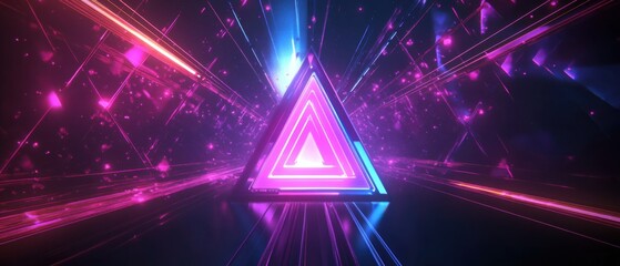 Abstract neon triangle with glowing light streaks and particles in a dark futuristic background Concept of technology, cyberspace, and virtual reality