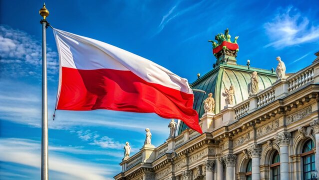 Austrian National Day: Waving Austrian Flag atop a Building, Blue Sky Background - Stock Photo