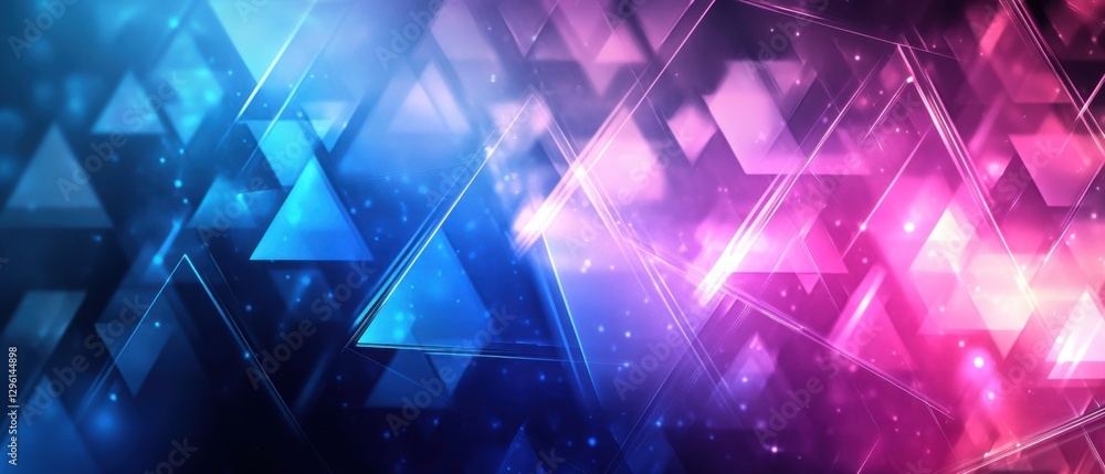 Poster abstract geometric background with glowing triangles in blue and pink, creating a futuristic and vib