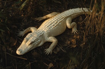 Obraz premium Majestic White Alligator Laying in Natural Habitat Surrounded by Greenery and Fallen Leaves at Sunrise in a Serene Marshland Environment