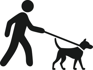 Simple illustration of a person walking a dog on a leash.