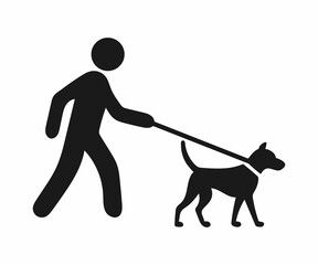 Simple illustration of a person walking a dog on a leash.