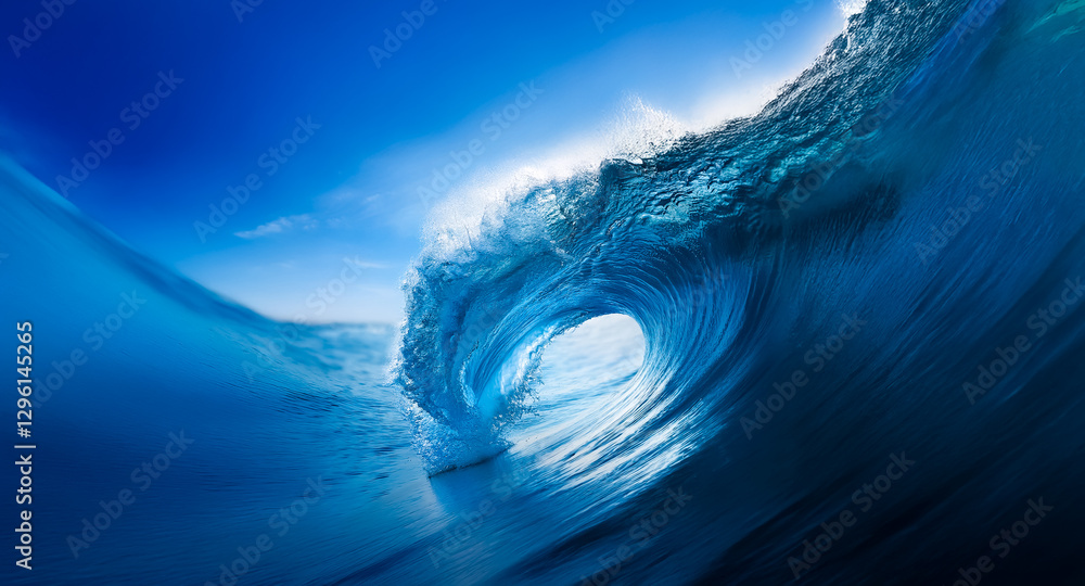 Poster a powerful wave curls and crashes, showcasing the ocean's raw energy under a bright blue sky. sunlig