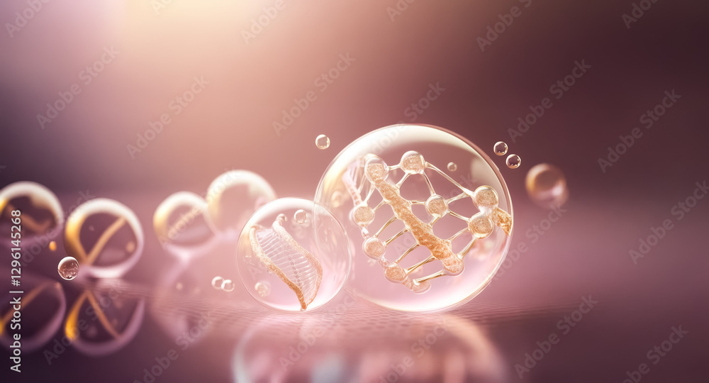 Poster transparent spheres with golden molecular structures are illuminated by soft pink light, creating a 