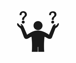 Illustration of a person with question marks, symbolizing uncertainty.