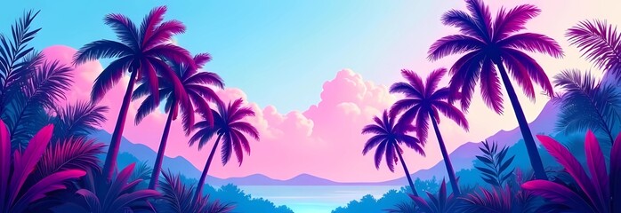 Tropical palms in a colorful jungle with vibrant pink and blue flowers. Fancy background illustrating the journey
