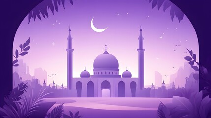 A beautiful illustration of a mosque beneath the crescent moon in the night