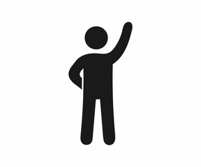 Simple black silhouette of a person raising one hand, against a plain white background.