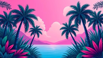 Tropical palms in a colorful jungle with vibrant pink and blue flowers. Fancy background illustrating the journey