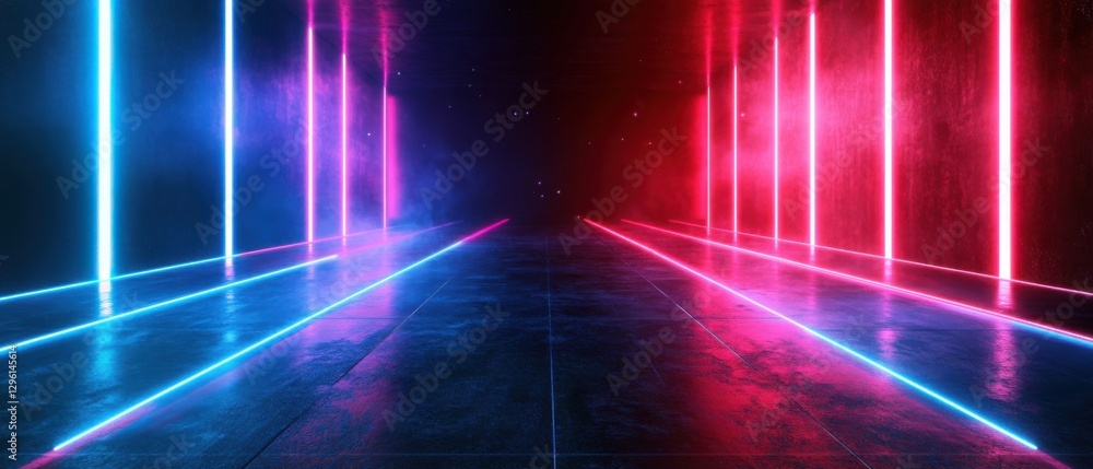 Poster futuristic neon illuminated corridor with blue and red glowing lights, creating a modern abstract ba