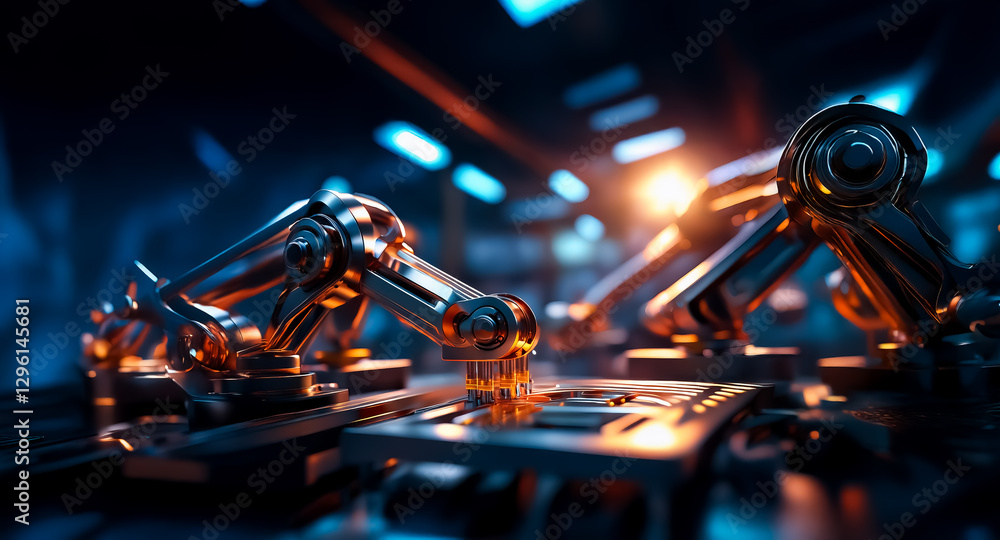 Poster Automated robotic arms work in a dark factory illuminated by blue and orange lights, showcasing industrial manufacturing and technological processes.