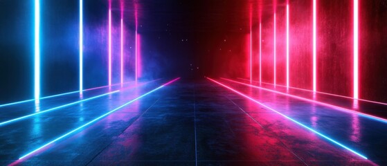Futuristic neon illuminated corridor with blue and red glowing lights, creating a modern abstract background with a sense of depth and perspective