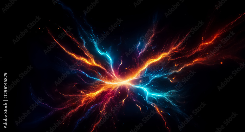 Poster Dynamic clash of blue and orange energy streams, creating a vibrant explosion of light and sparks on a dark backdrop.