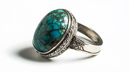 A beautiful silver ring with a large, oval turquoise stone, shown on a bright white background