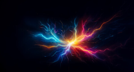 Vibrant energy streams radiate from a central point, creating a colorful electric discharge with blue, red, and yellow hues against a dark backdrop.