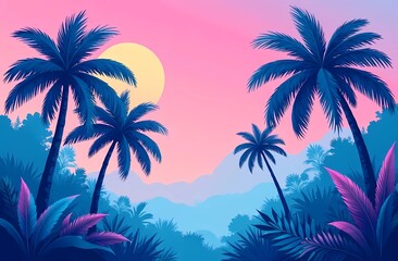 Tropical palms in a colorful jungle with vibrant pink and blue flowers. Fancy background illustrating the journey