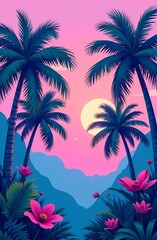 Tropical palms in a colorful jungle with vibrant pink and blue flowers. Fancy background illustrating the journey