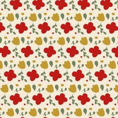 Seamless Floral Pattern with Red and Yellow Flowers and Green Leaves