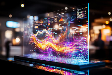 Holographic data wall with vibrant digital text, graphs, and charts, glowing with neon colors, displaying futuristic technology against a dark background