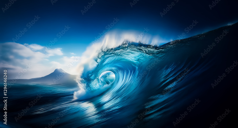Poster a massive wave surges forward, its turquoise crest illuminated under a sunny blue sky with soft clou