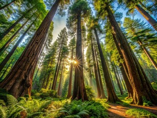 California's Redwood National Park: a panoramic vista of majestic, giant trees in a coastal redwood forest.