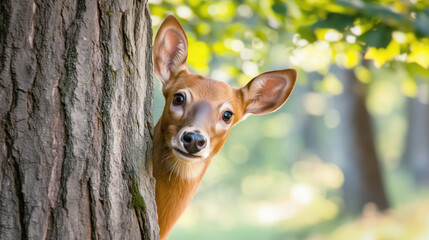 Close-up of curious deer peeking from forest wildlife photography