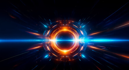 Obraz premium A dynamic, glowing circle bursts with vibrant blue and orange lights against a dark backdrop. Streaks of light radiate outwards, creating a futuristic, energetic effect.