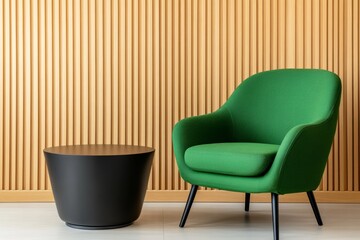 A modern living room with light oak wood cabinets, a green armchair, and a black coffee table. The wall is blank, suitable for a mockup. The lighting is soft, and the color palette is neutral.