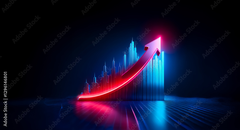 Leinwandbilder neon graph shows an upward trend with a red arrow pointing up against a dark backdrop. blue bars and