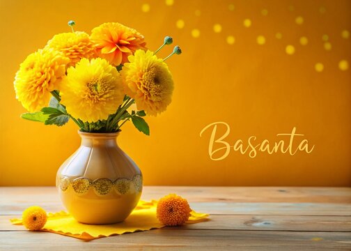 Basanta Panchami: Yellow Flowers in Vase, Festive Spring Vibe, Copy Space